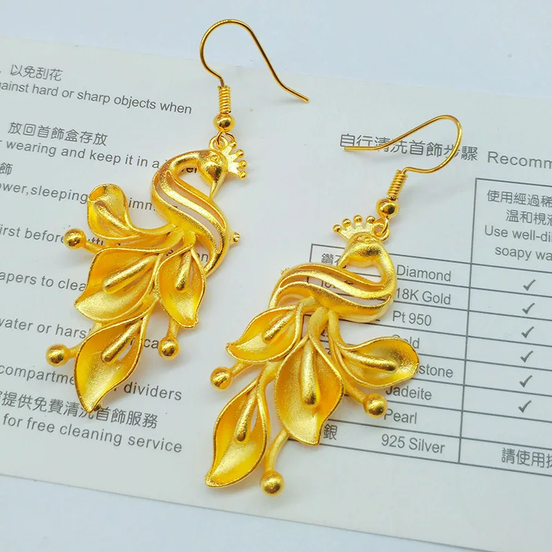 High Quality 999 Gold Phoenix Earrings 24K Peacock Earrings AU750 Tassel Luxury Quality Jewelry Joyria Women