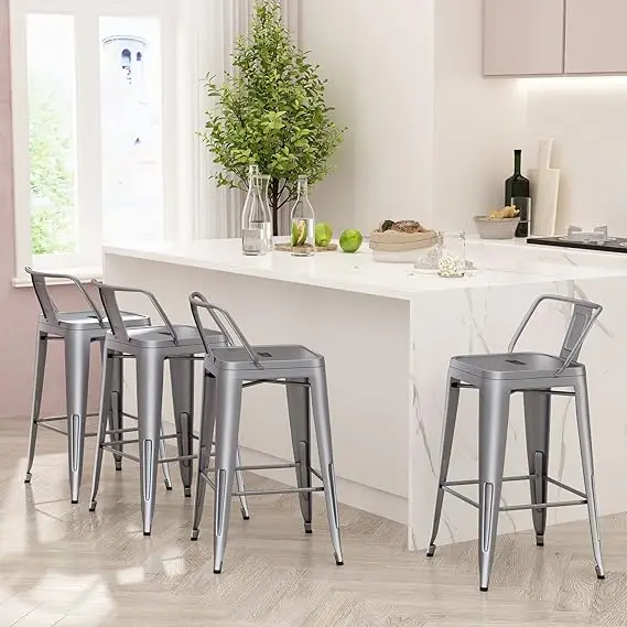 Bar Stools Set of 4 Counter Height Stools Industrial Metal Barstools with Backrests (26 inch, Silver)
