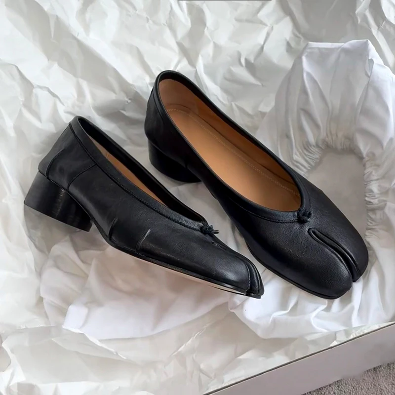 Womens Genuine leather Roundtoe midheel shoes With pleats Tibi Splittoe shoes Sheepskin ballet flats 3cm heel height 1