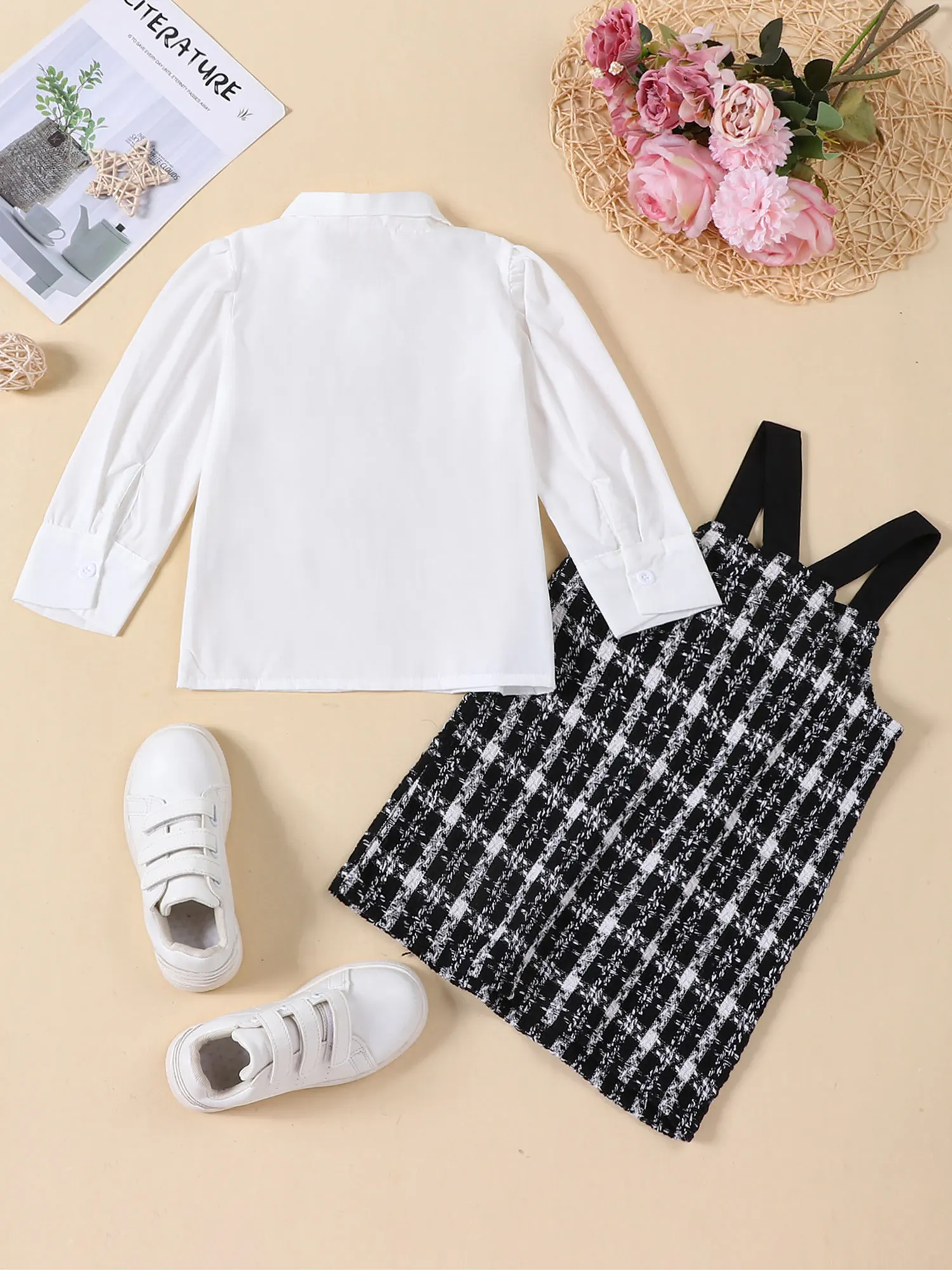 

Cute Little Girls Autumn Winter Outfit Adorable Mesh Long Sleeve Sweater Top with Knitted Plaid Dress Set