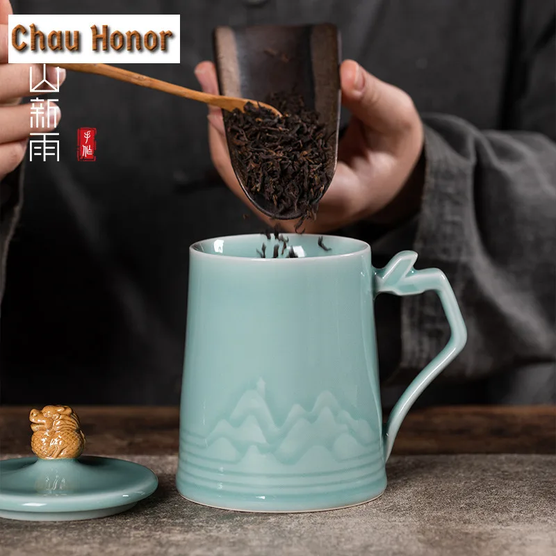 450ml Longquan Celadon Coffee Mug Couple Handgrip Cups Afternoon Tea Mug Water Ice Cold Juice Jug Office Water Cup Drinkware