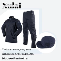 Navy Blue Workwear Ribstop Cargo Pants Blouse Suits Men's Uniform With Hat 1