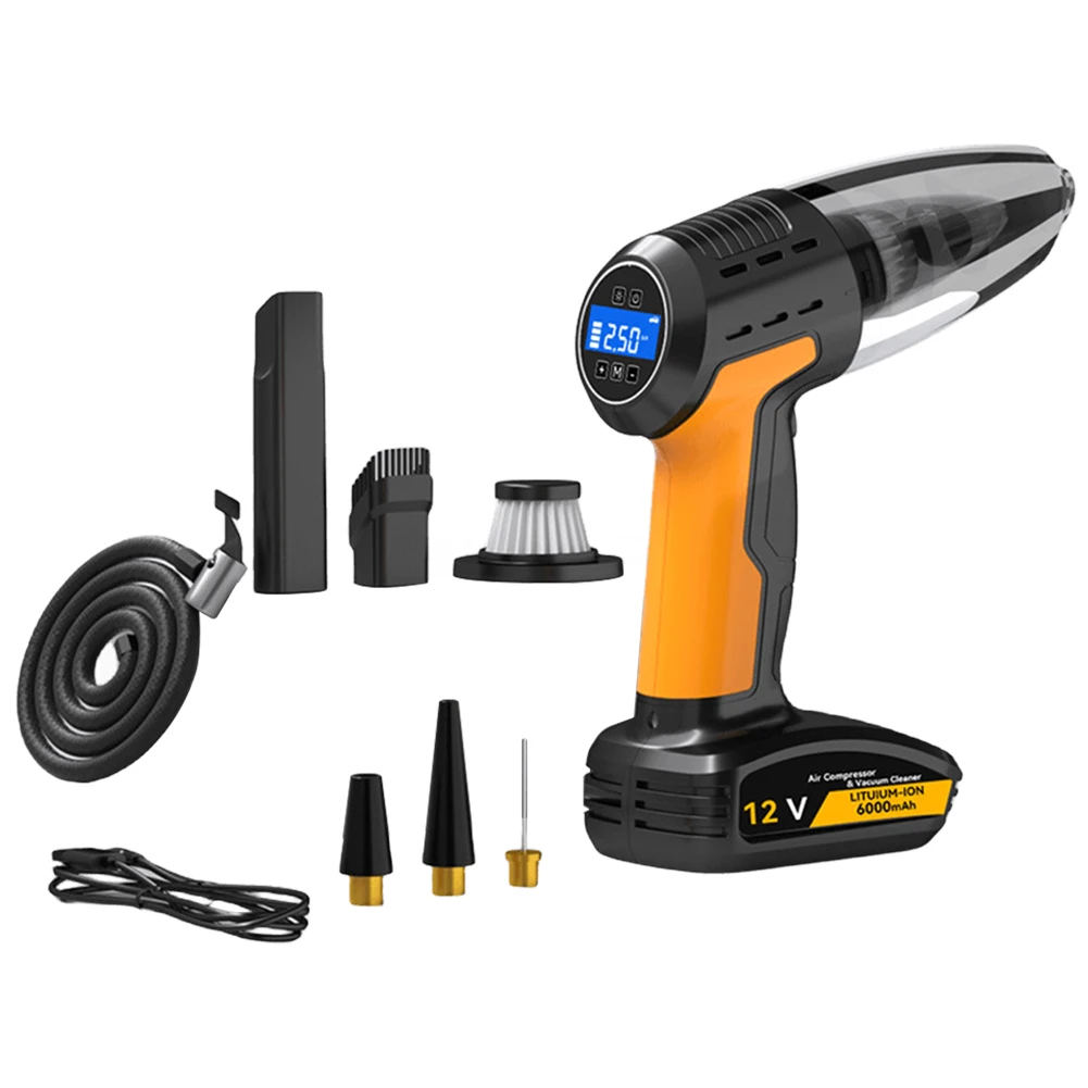 4 in 1 Handheld Wireless Car Vacuum Cleaner Strong Suction Tyre Inflator LED Lighting Air Pump Tire Pressure Gauge