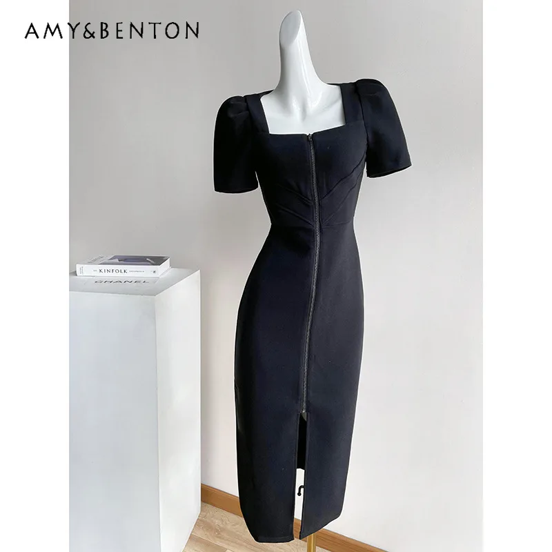 

French Hepburn Style High-Grade Short-Sleeved Dress for Women New Elegance Retro Design Sense Slimming Slit Long Dress