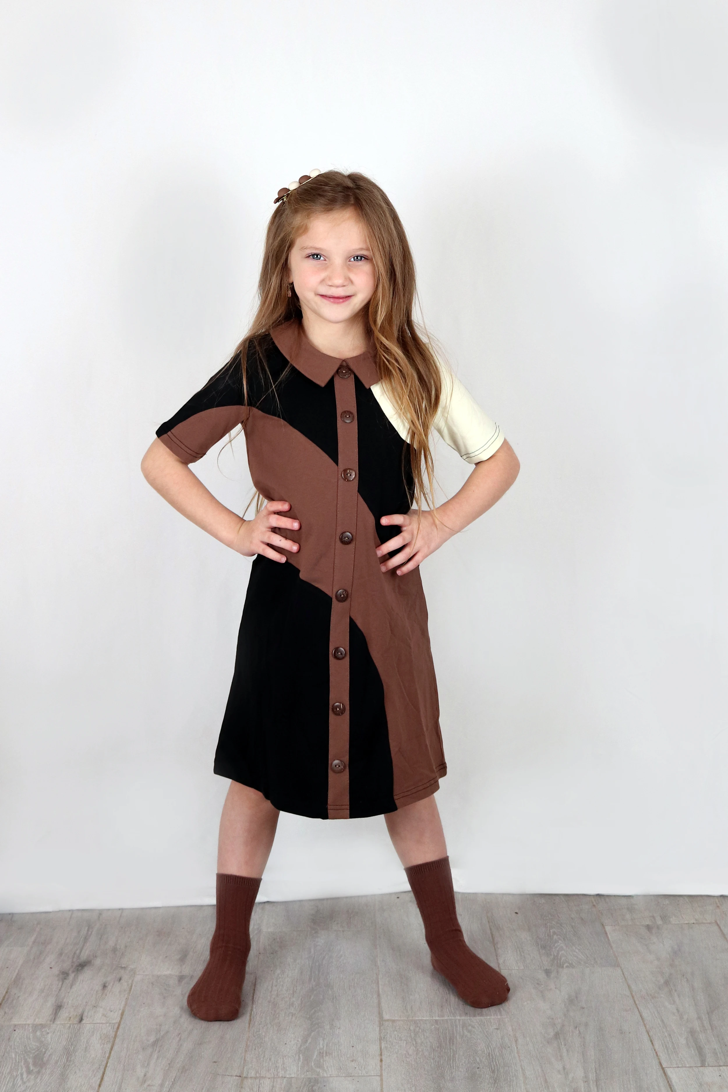 Mädchen kleid sommer kurze ärmel und lange hülse kinder kleidung mädchen kleider kinder kleidung colorblock taste unten kleid tasten – Detail 3