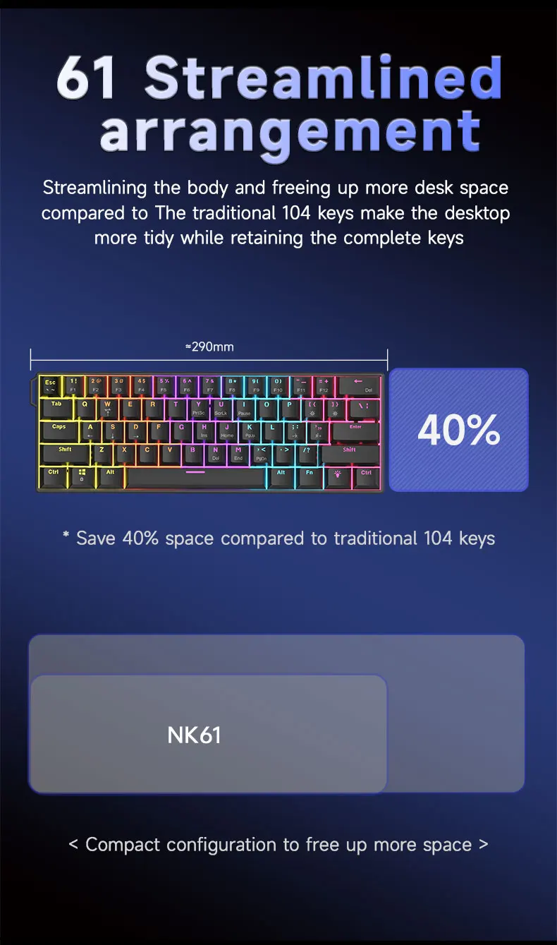 AJAZZ NK61 Kabelgebundene Gaming-Tastatur mit Leuchtkasten, 65% Kompakte Mechanische Tastatur, Hot-Swappable, Durchgehende Tastenkappen – Detail 6
