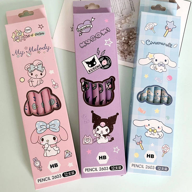 

12PCS Sanrio Kawaii Anime My Melody Children Pencil Cute Cinnamoroll Kuromi Cartoon Pupil Sketch Writing Pen Gifts For Kids