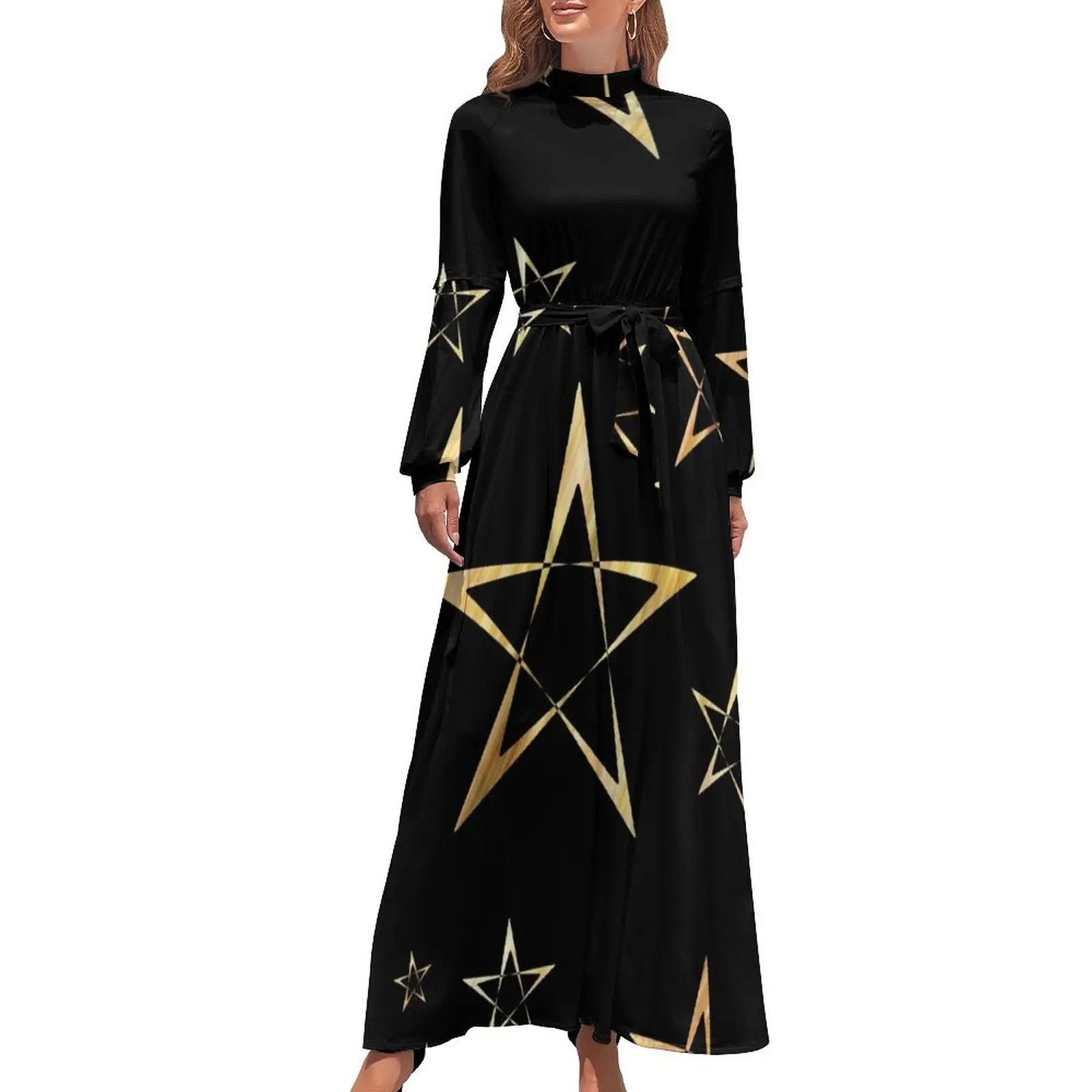 thumbnail image 1 of Vestido largo negro con estampado de estrellas doradas Vestido largo elegante vestidos de noche para mujer 2024, 1 of 5