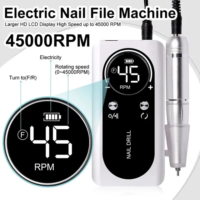 Professional 45000RPM Electric Portable Nail Drill Machine Rechargeable Low Noise Nail Sander File for Manicure Salon Tool 2