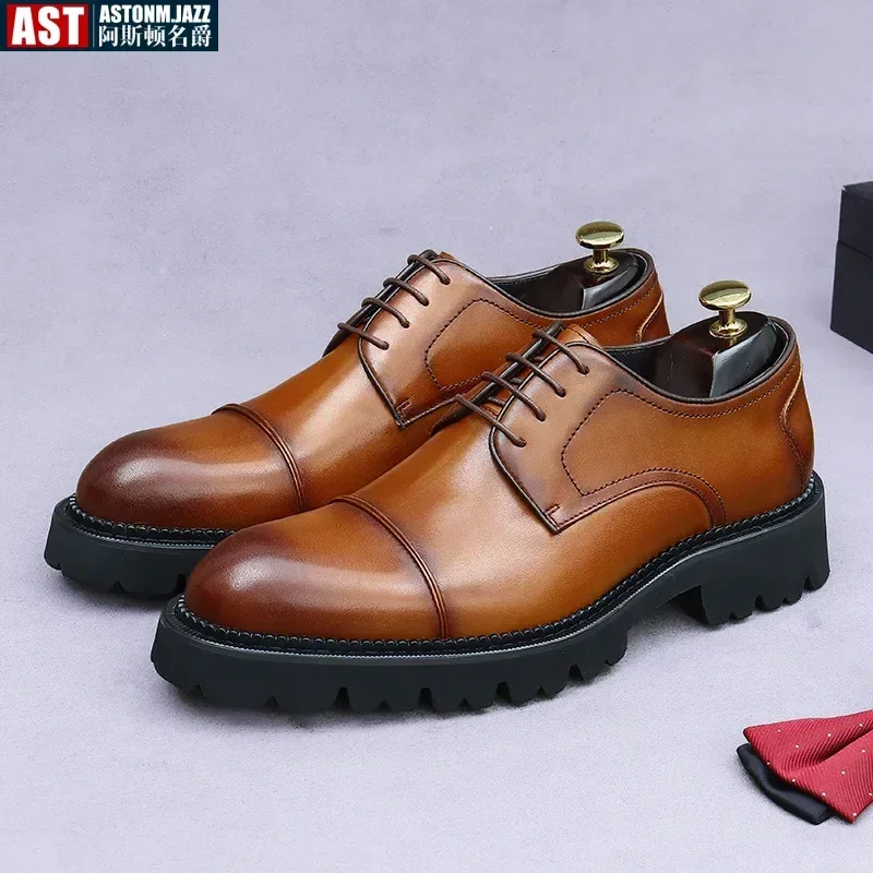 Retro Mens Dress Shoes Luxury Genuine Leather Platform British Trend Handmade Quality Comfortable Wedding Social Shoes Man