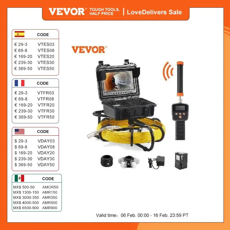 VEVOR-Cámara de inspección de tuberías con grabación DVR, localizador de 512Hz, IP68, 9 cámaras de drenaje con 12 LED ajustables y tarjeta SD de 16 GB