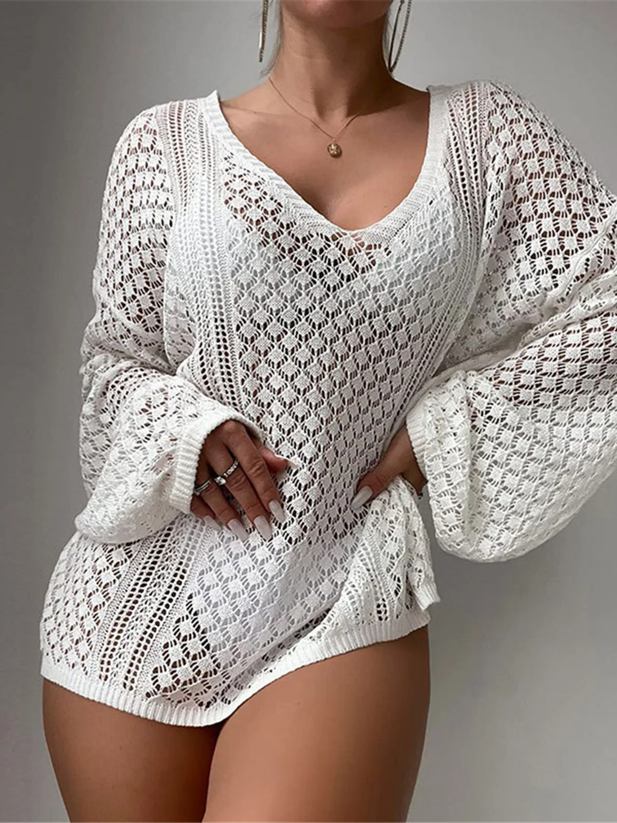 S - XL New V Neck Long Sleeve Crochet Knitted Tunic Beach Cover Up Beach Wear Beachwear Female Women Cover-ups Beach Dress V8284 1