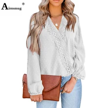 

Women Chiffon Shirt Blusas Long Sleeve Blouse White Khaki Basic Top Pullovers 2022 Summer New Embroidery Lace Shirts Clothing