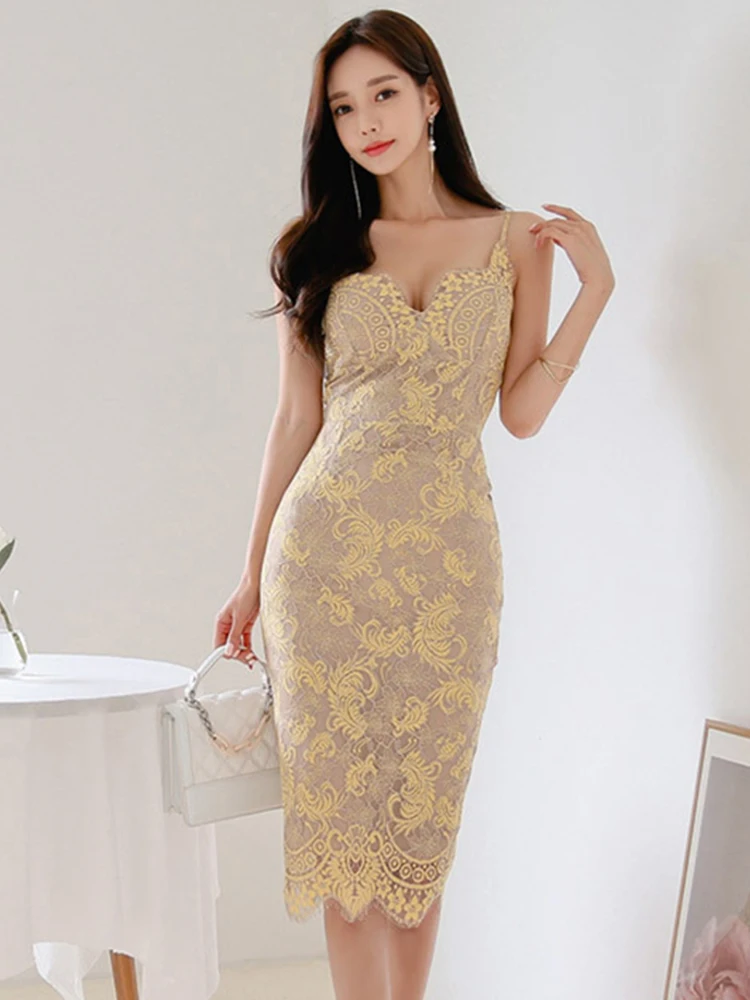Fashion Elegant Women's Evening Party Dress Yellow Flower Sexy Deep V