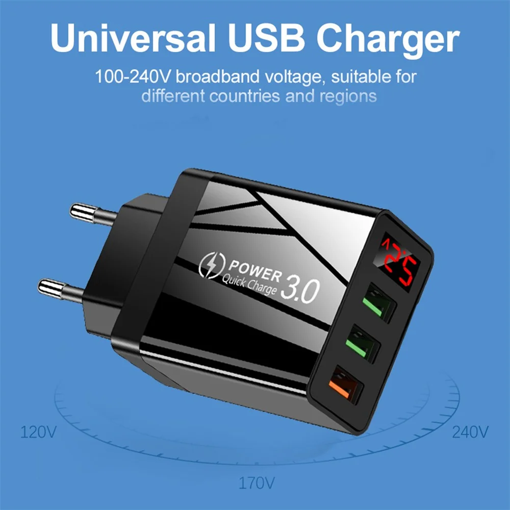 USB Quick Charger For Mobile Phone 5V 3.1A QC 3.0 LED Display 3 Ports For iPhone Samsung Galaxy Huawei Xiaomi Tablet Fast Charge