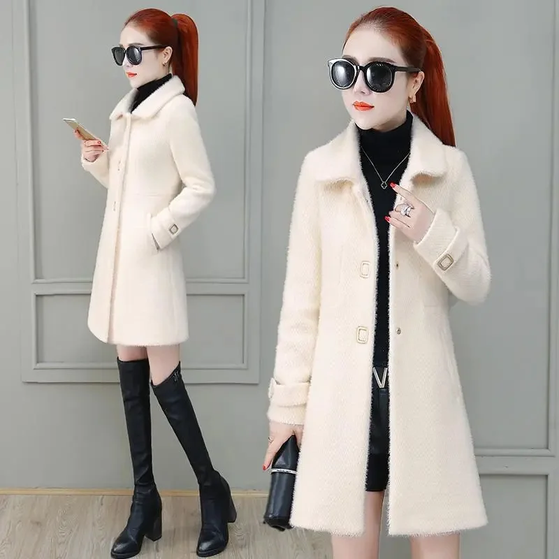 Woolen Coat Female 2021 Autumn And Winter New All-Match Women's Small Gold Mink Velvet Temperament Slim And Slim Mid-Length Coat women cotton overcoat stand up collar lambswool tooling coats 2021 new fashion temperament female parkas tide plus velvet jacket