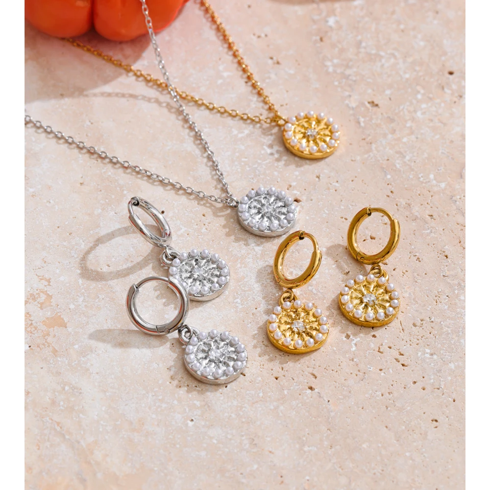 Yhpup Necklace and Earrings with Imitation Pearls and Zircon