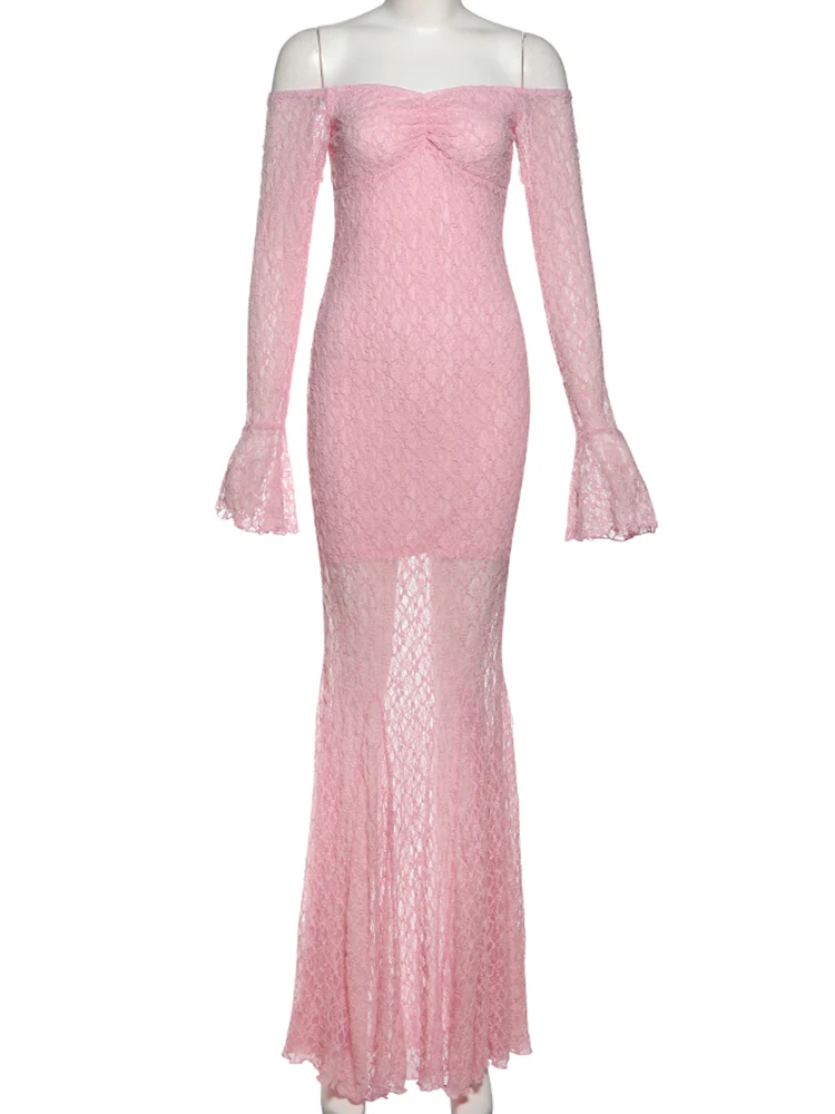 Nibber Elegant See Through Dress Women Slash Neck Off Shoulder Flared Sleeve Ruffles Hem Street Ruched Chic Vacation Vestidos