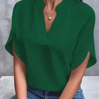1pcs Woman New Summer Solid Color Shirts Lady Casual Short Sleeve V-neck Collar Loose Shirts Female Fashion Pullover Tops - Image 5