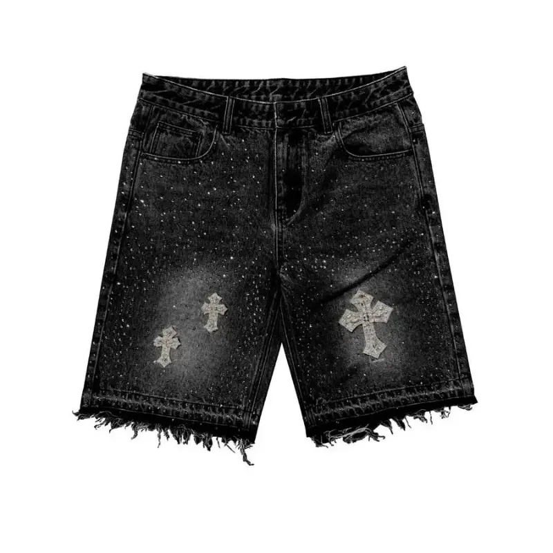 Cross hot diamond embroidery oversized denim shorts for men summer comfortable casual skateboarding