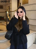 Elegant Faux Fur Lace Up Woolen Coat Women Shawl Collar Belted Waist Full Sleeve Coats Female Spring Winter Fashion Lady Outwear 4