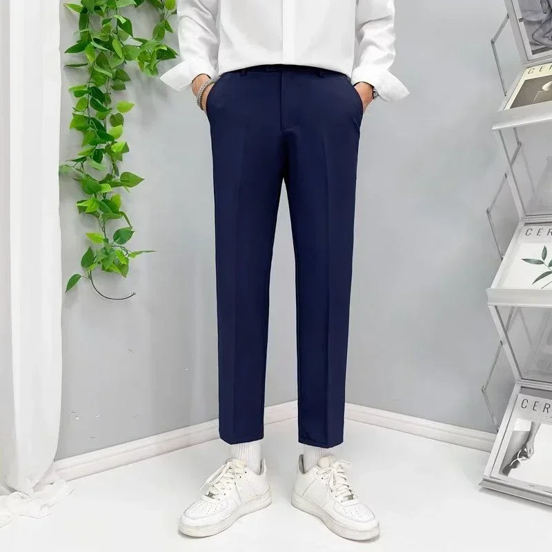 thumbnail image 1 of 9 Pantalones de traje masculino recortados con trenzas, pantalones de verano negros ajustados para hombre, nueva oferta de ropa, elegante formal 2024, estilo coreano, 1 of 5