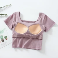 Women's Short Sleeve Tank Tops With Chest Pad Summer One Piece Casual Square Neck Crop Top With Built In Bra