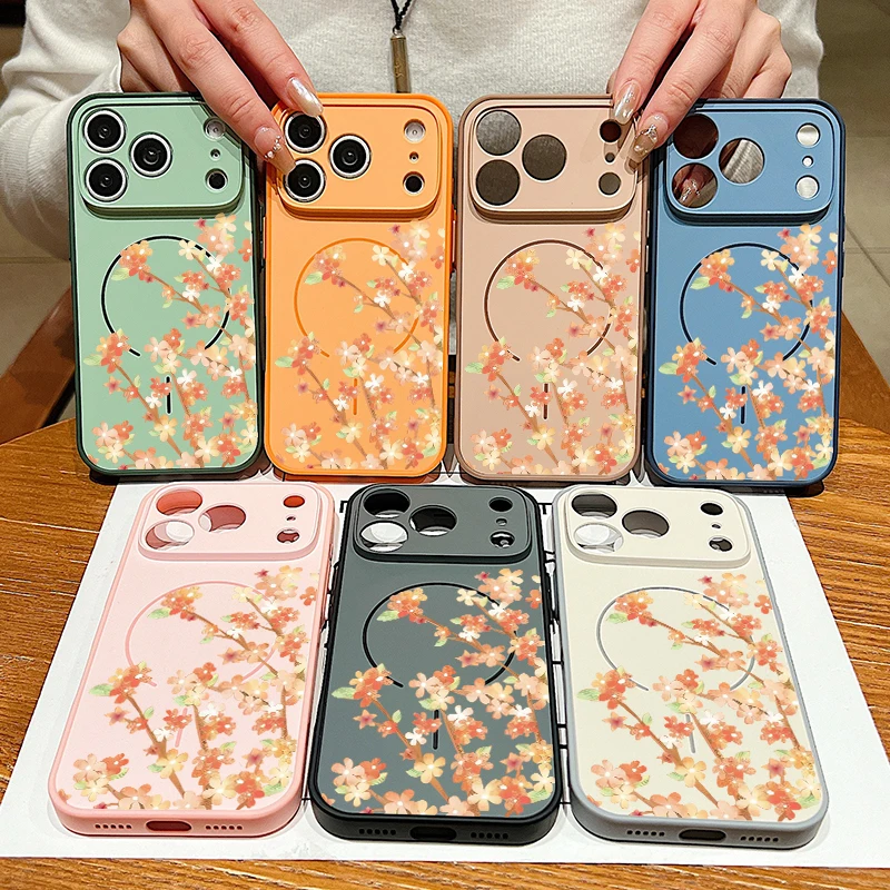 Magnetic Orange Floral Phone Case with Lens Protection & Wireless Charging Compatibility