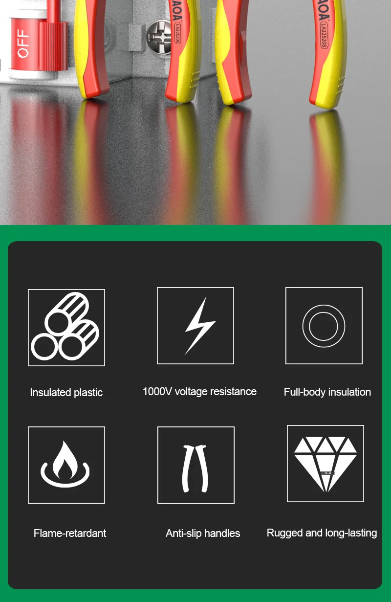 Laoa Professionelle Elektriker-Werkzeuge, isolierte Spitzzange, Vollkunststoff, Hochspannungs-Drahtschneider, Kunststoffgriffe – Detail 2