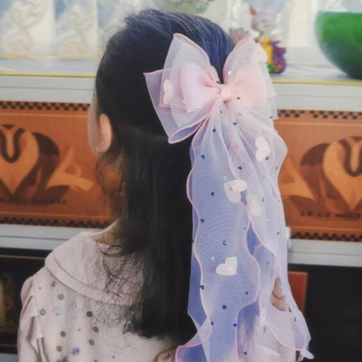 한국 요정 메쉬 리본 헤어핀 어린이 공주 포니테일 리본 브레이드 탑 헤어밴드 헤어 악세사리 여름 선물