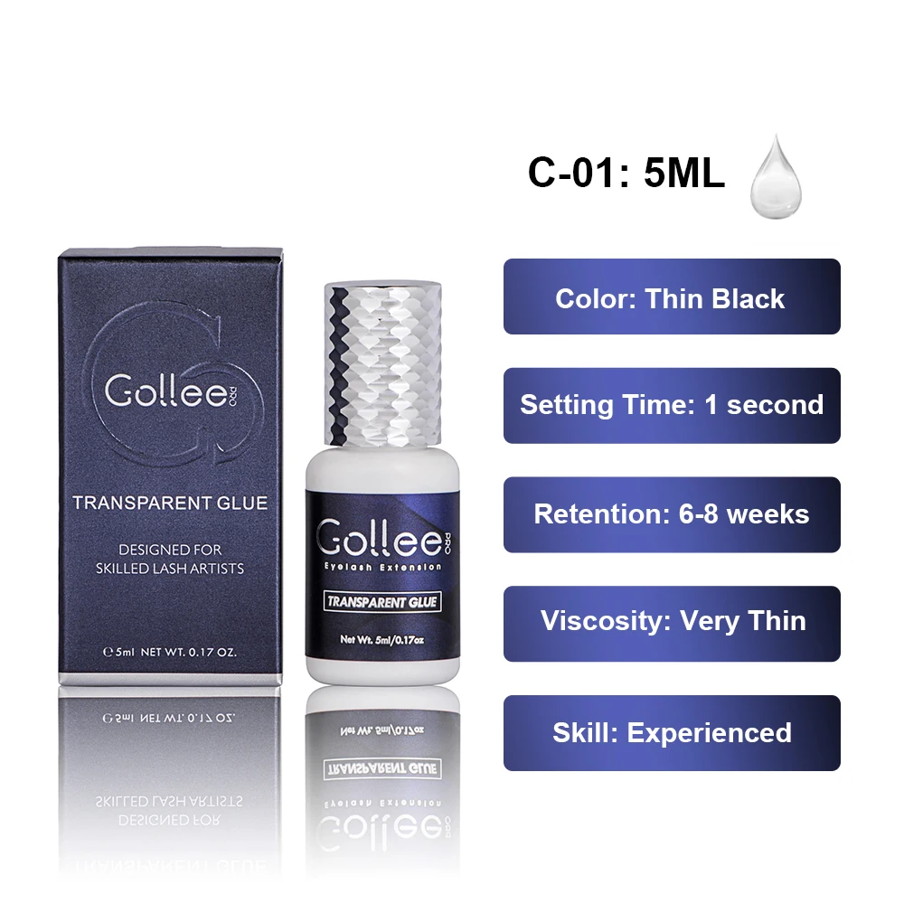Gollee-투명 속눈썹 접착제 5ML, 속눈썹 연장용 방수 접착제, 속눈썹 용품, 속눈썹 투명, 1-2S