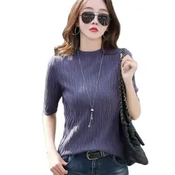Women's Clothing Korean Sweaters Slim Elegant Basic Knit T-shirts Summer Half Sleeve All Match Pullovers Tops Female Jumper Thin