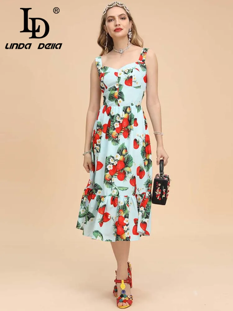 

LD LINDA DELLA Fashion Designer Summer Dress Women's Spaghetti Strap Strawberry Flower Print Elegant Vacation Party Midi Dress