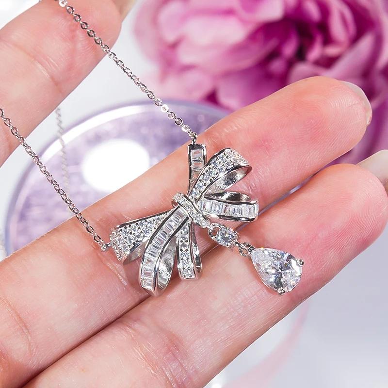 

S925 Sterling Silver Platinum Plated Pt950 Necklace High Carbon Diamond Bowknot Pendants Clavicle Chain for Women Fine Jewelry