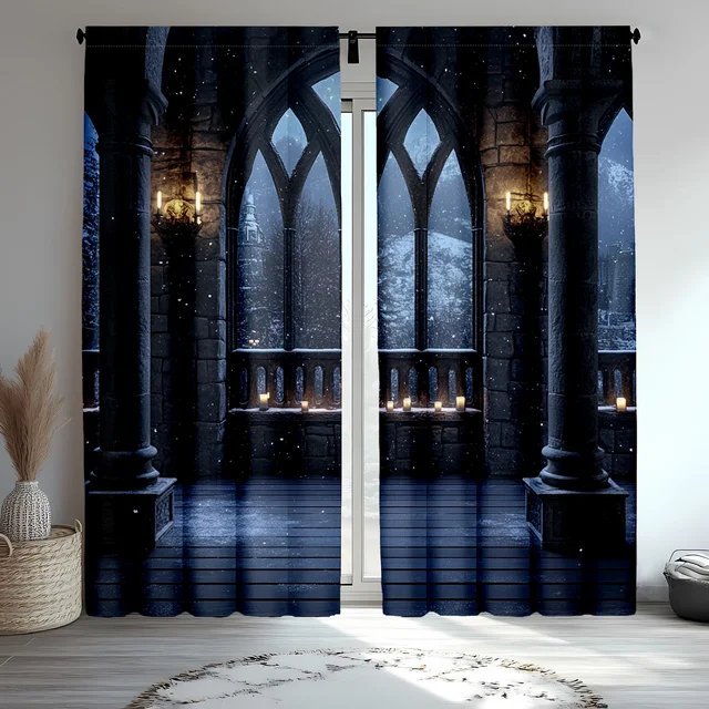 ผ้าม่านแฟนตาซีสไตล์โกธิค 2 ชิ้น - ดีไซน์ระเบียงพระจันทร์เต็มดวง นก และปราสาท พร้อมเทียนรูปแบบเผาไหม้ - ผ้าม่านโพลีเอสเตอร์ 1