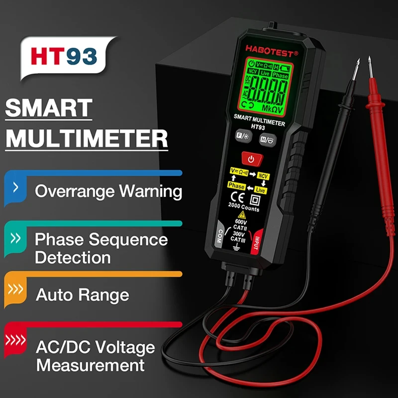 Smart Digital Multimeter AC/DC Voltage Votage Tester with Backlight Auto-Ranging Measures NCV Live Wire Tester 2000 Counts
