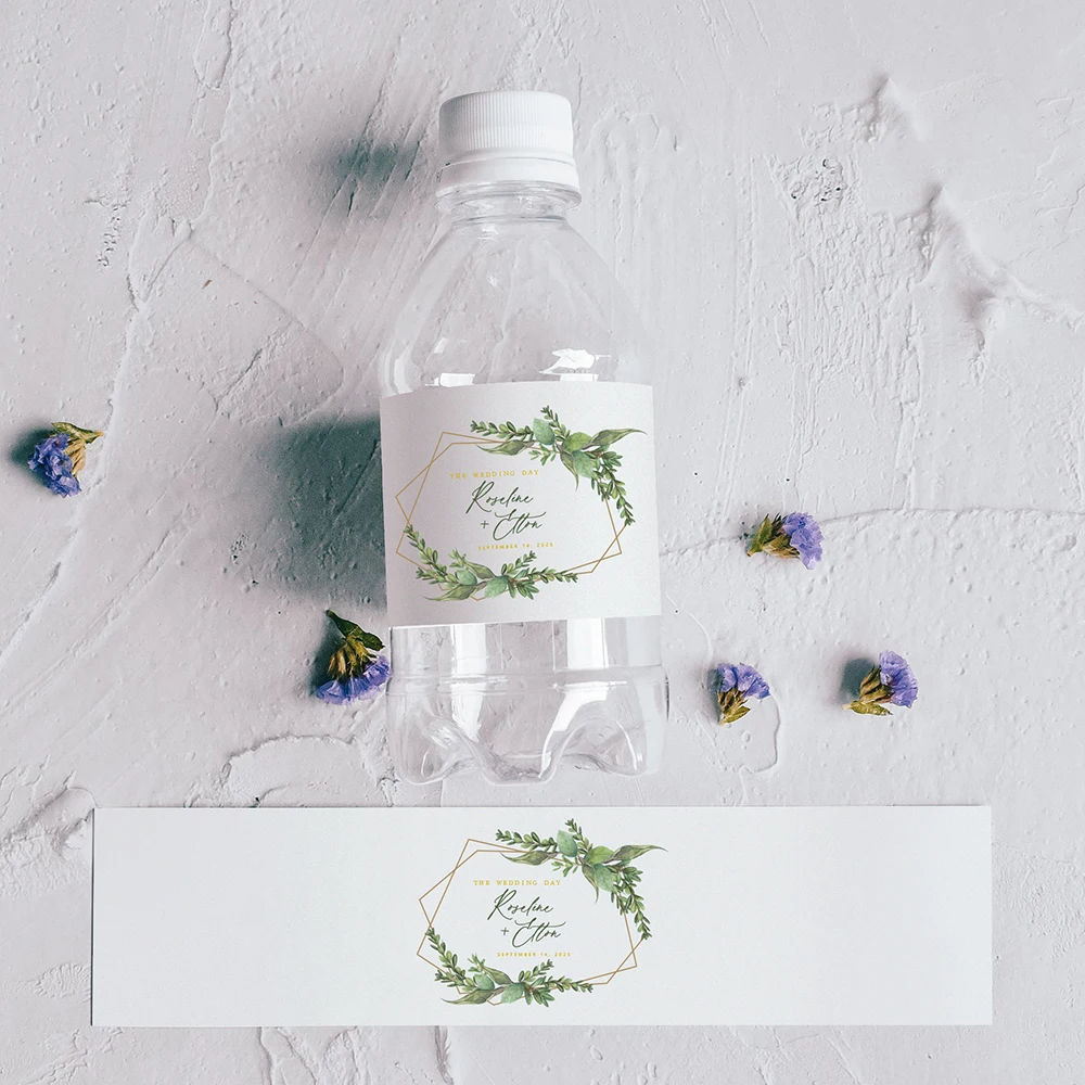 thumbnail image 1 of Etiquetas personalizadas para botellas de agua, 30 unidades, con motivos florales, para bodas, con nombre personalizado, fecha, baby shower, fiesta, vegetación, 1 of 5