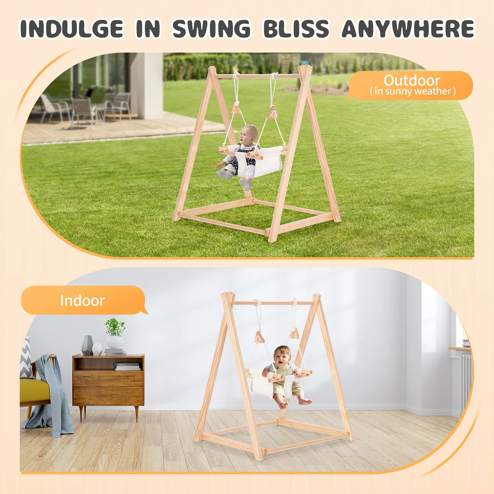 Foldable Wooden Baby Swing with Canvas Seat