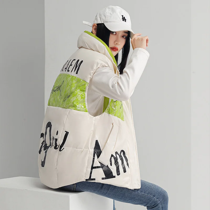 2023 Down Vest Jacket Women Autumn Winter Patchwork Letter Print Stand Collar White Duck Down Waistcoat Lady Outerwear Tank Tops