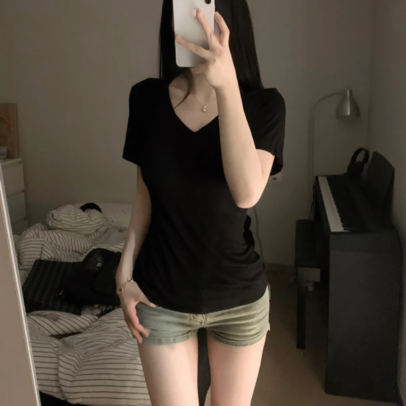 T-Shirts Women Summer Hot Girls Abdomen Short Slim American Style Spicy High Waist Tops Solid Simple Leisure All-match V-Neck 5