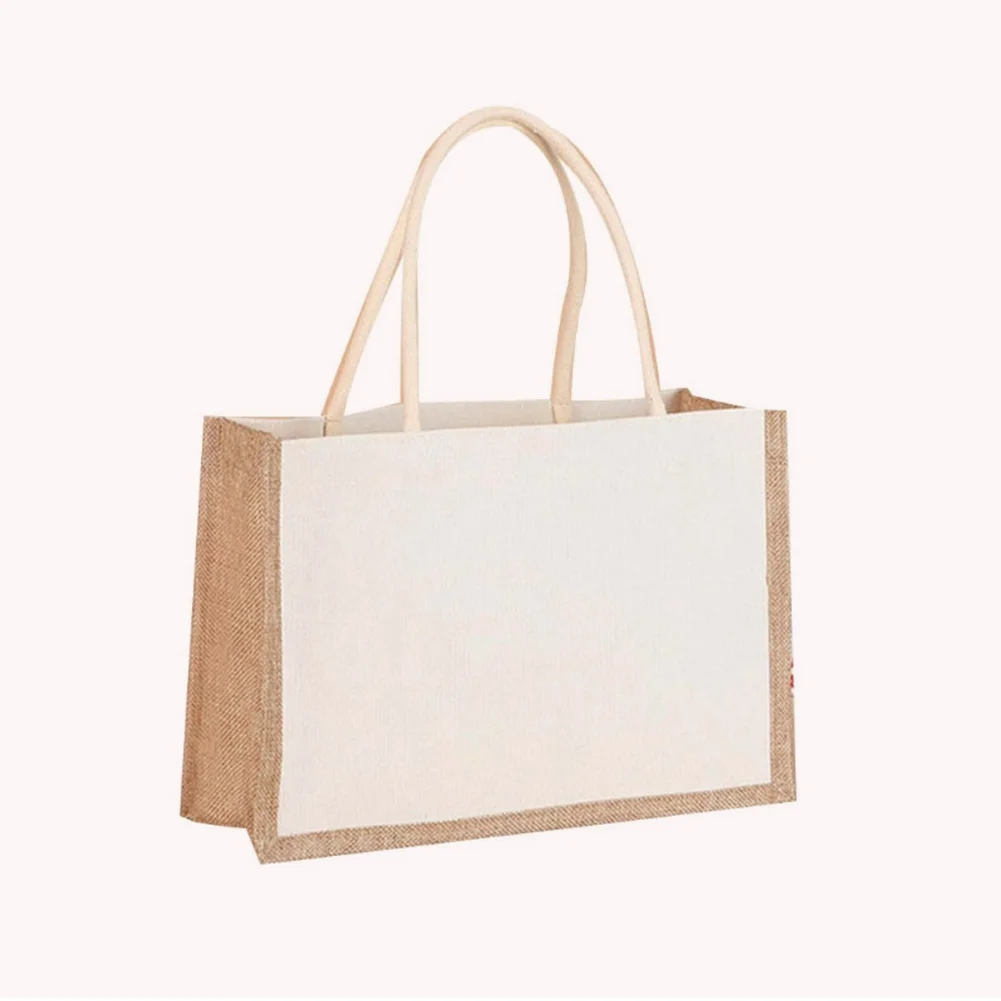 Women Burlap Jute Tote Bag Reuseable Canvas Top-handle Jute Handbag Contrast Color Ladies Outdoor Handbag