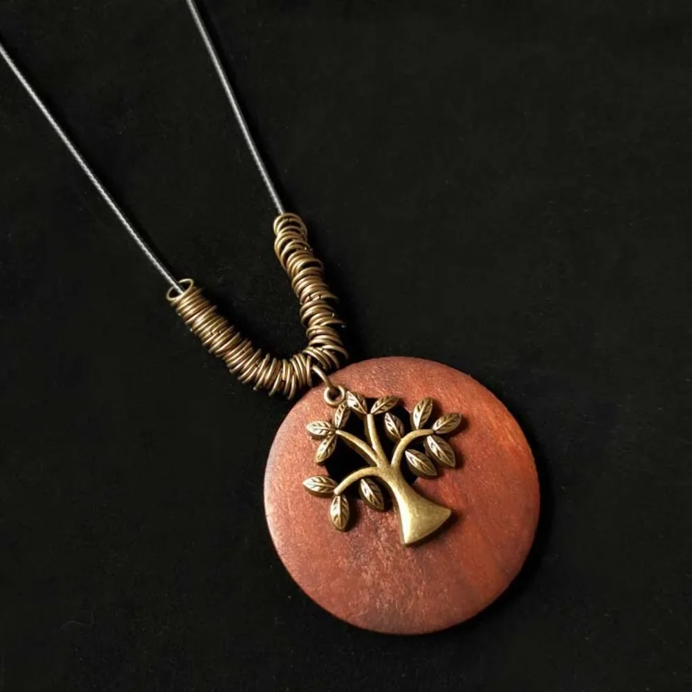 Vintage Wooden Owl Pendant Necklace - Ethnic Long Chain Jewelry