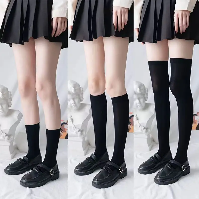 여성용 단색 양말, 블랙 화이트 허벅지 높이 양말, 귀여운 로리타 스위트, 얇은 긴 다리, 섹시한 스타킹
