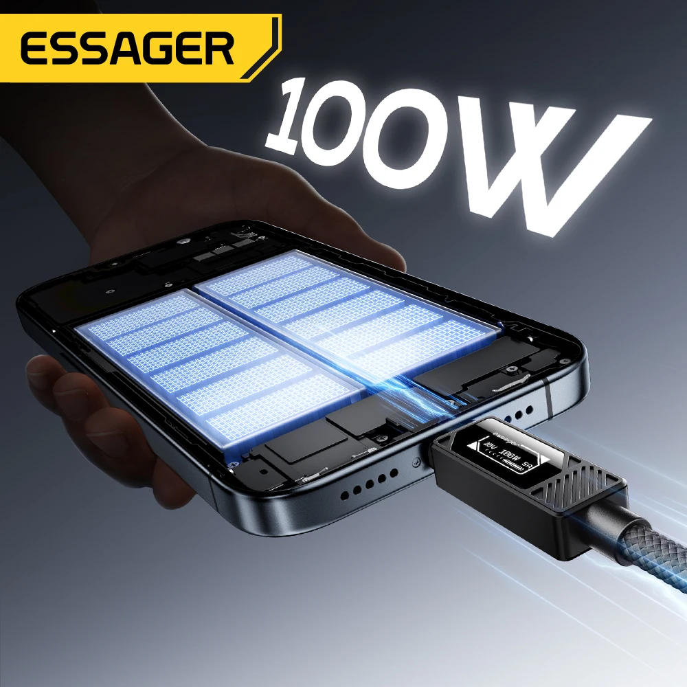 Essager 100W USB Type C Cable PD 5A Fast Charging For iPhone17 16 15 14 Pro Max Macbook iPad Samsung Huawei Digital Display Wire