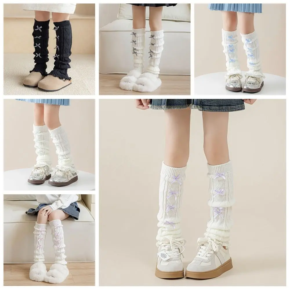 Sweet Korean Style Children's Leg Warmers Harajuku JK Knitted Leg Cover Woolen Foot Cover Plaid Bow Socks Autumn/Winter