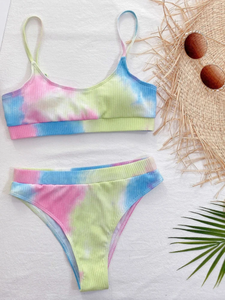 FASKOB Tie Dye Rainbow Print Swimwear Push Up Two Piece Swimsuit Women Summer Beach Bathing Suit