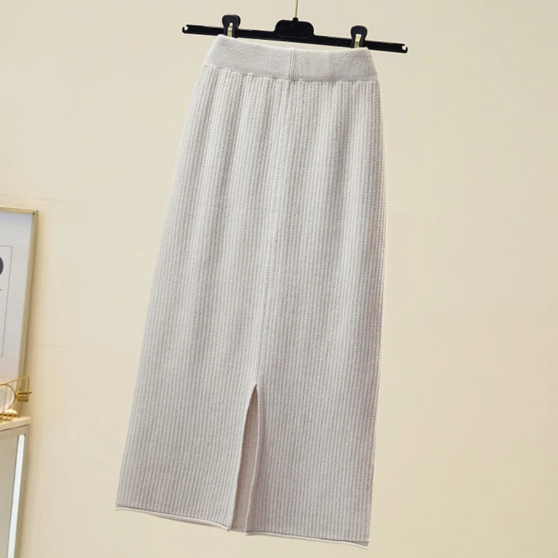 white pleated skirt Rimocy Autumn Winter Knit Pencil Skirt Women 2021 Casual Sequins Elastic High Waist Skirts Woman Elegant Split Midi Skirt Ladies denim skirt