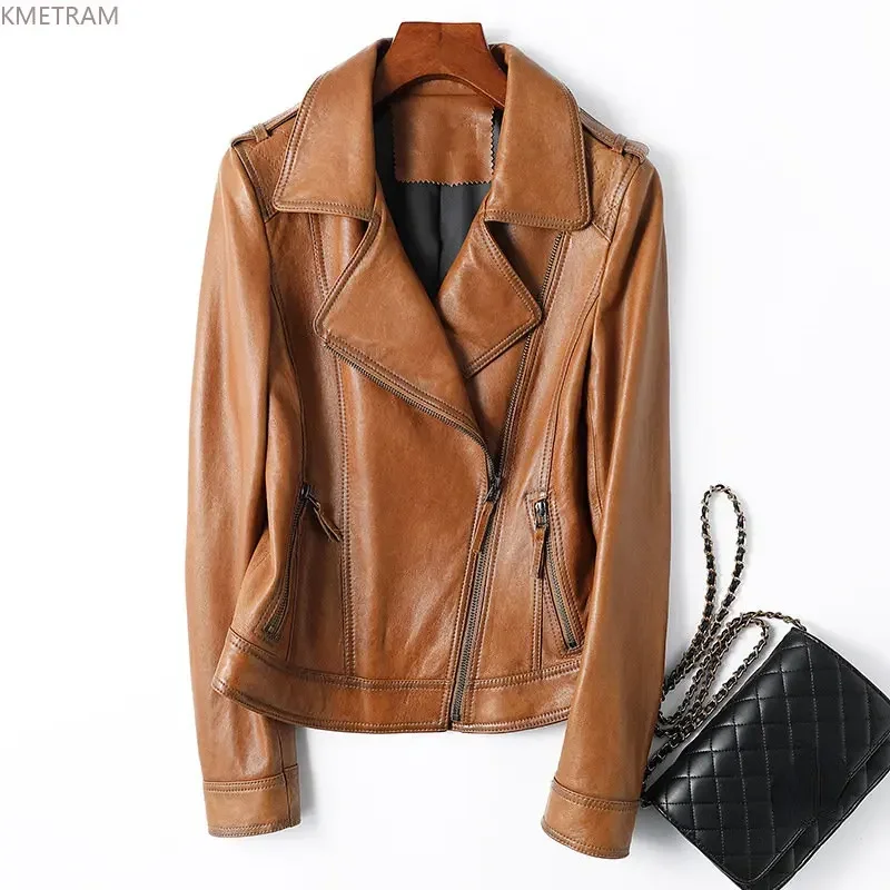 

Genuine Sheepskin Womens Leather Jacket 2023 Spring Autumn Short Leather Jackets Lapels Slim Leather Coat Roupas Femininas SGG