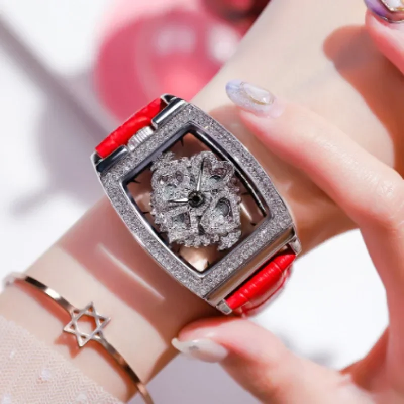 Luxury Women Watches Barrel Shape Hollowed Out Diamond Dial Good Fortune Befell for Women Quartz Watch Fashion Leather Strap