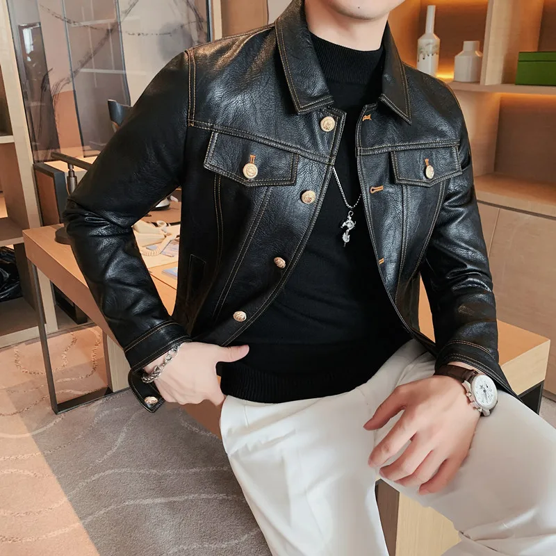 2023SpringAutumnBlackPuLeatherBikerJacketMenStyleLongSleeve